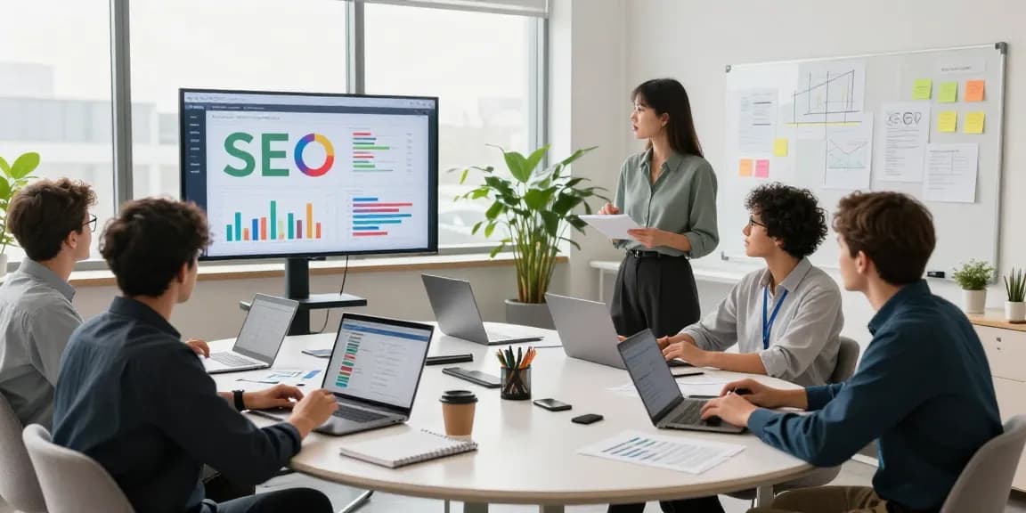 SEO Agentur Team, das in einer modernen Büroumgebung an digitalen Marketingstrategien arbeitet