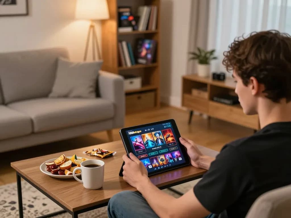 Player enjoying online casino games on tablet with 789betpa app in cozy living space