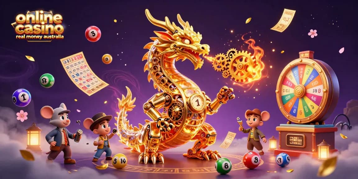 Experience the excitement of online casino real money Australia with a vibrant 3D illustration featuring a golden dragon and casino elements.