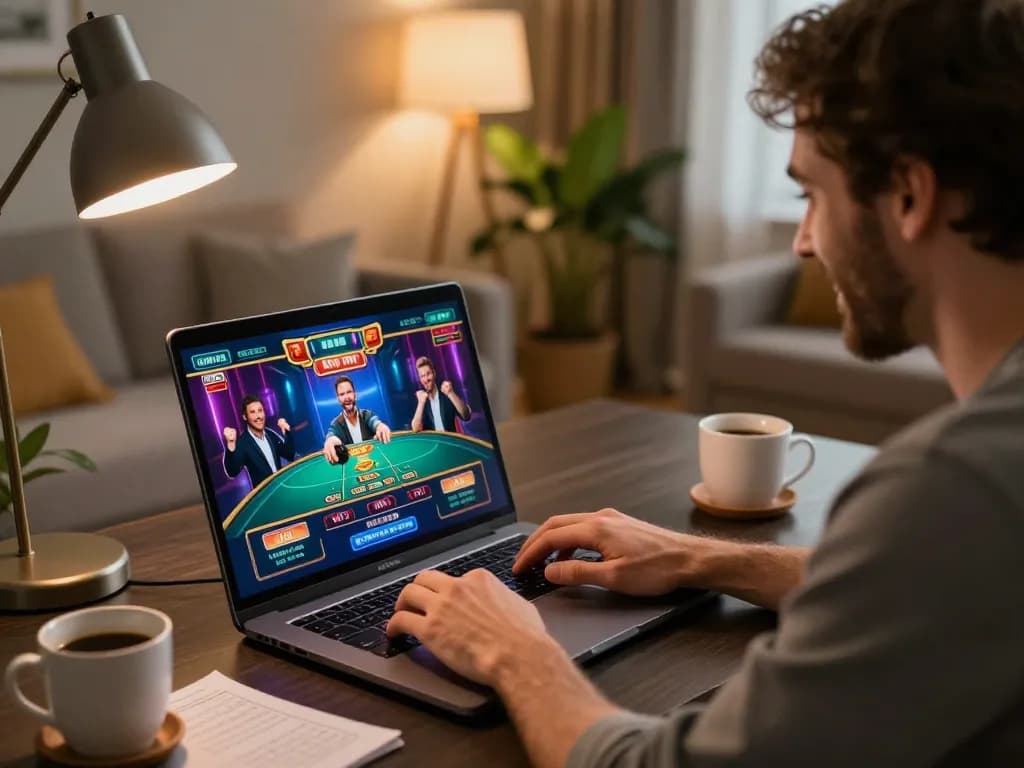 Player engaging with SC88 online casino app on laptop, showcasing home gaming atmosphere and strategic excitement