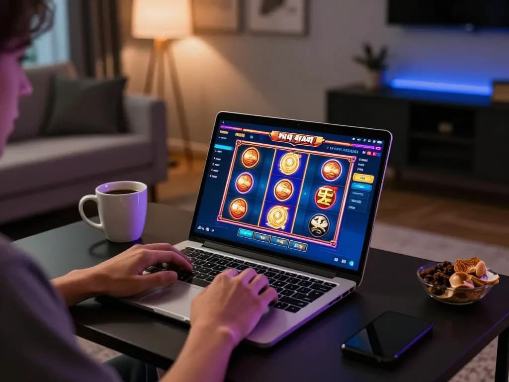 Engaging home gaming scene showing a player enjoying slot gacor games online.