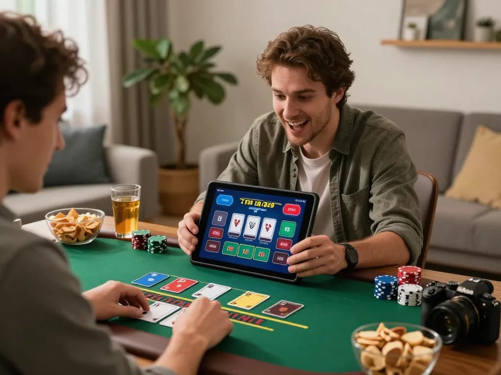 Player enjoying RR88 online blackjack game on tablet in cozy home setting.