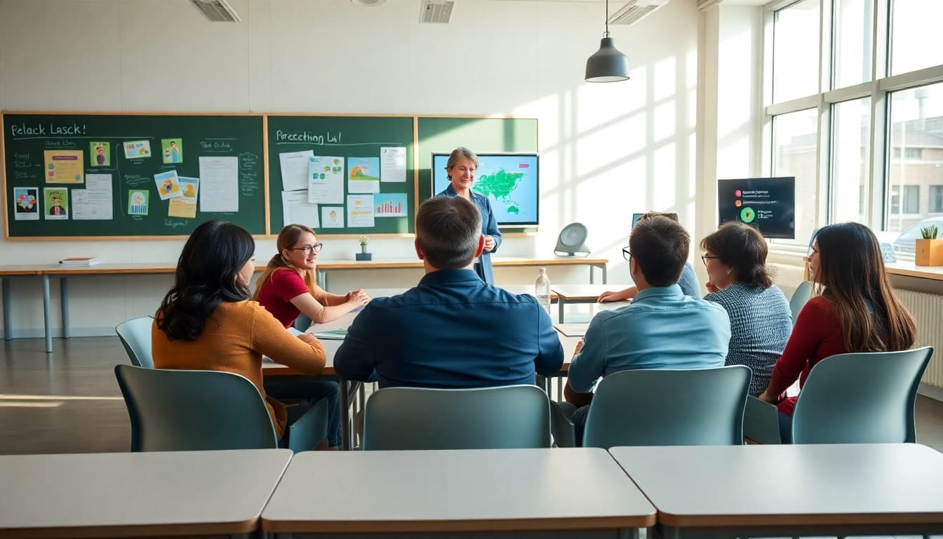 Education-focused collaboration in a vibrant classroom setting with diverse students engaging actively.