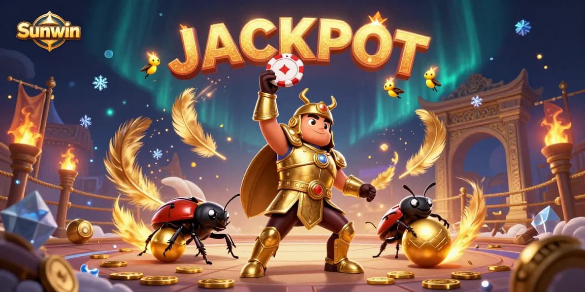 Sunwin features a victorious beetle character in a dynamic casino scene celebrating a jackpot win with gold tokens and sparkling effects.
