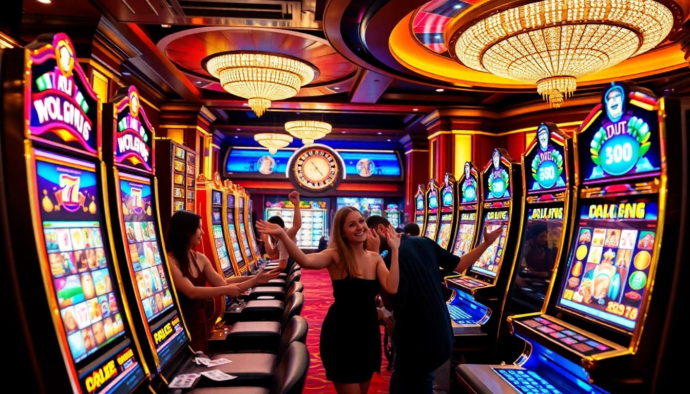 Players engaging with vibrantly themed slot pragmatic play machines in a luxurious casino setting.