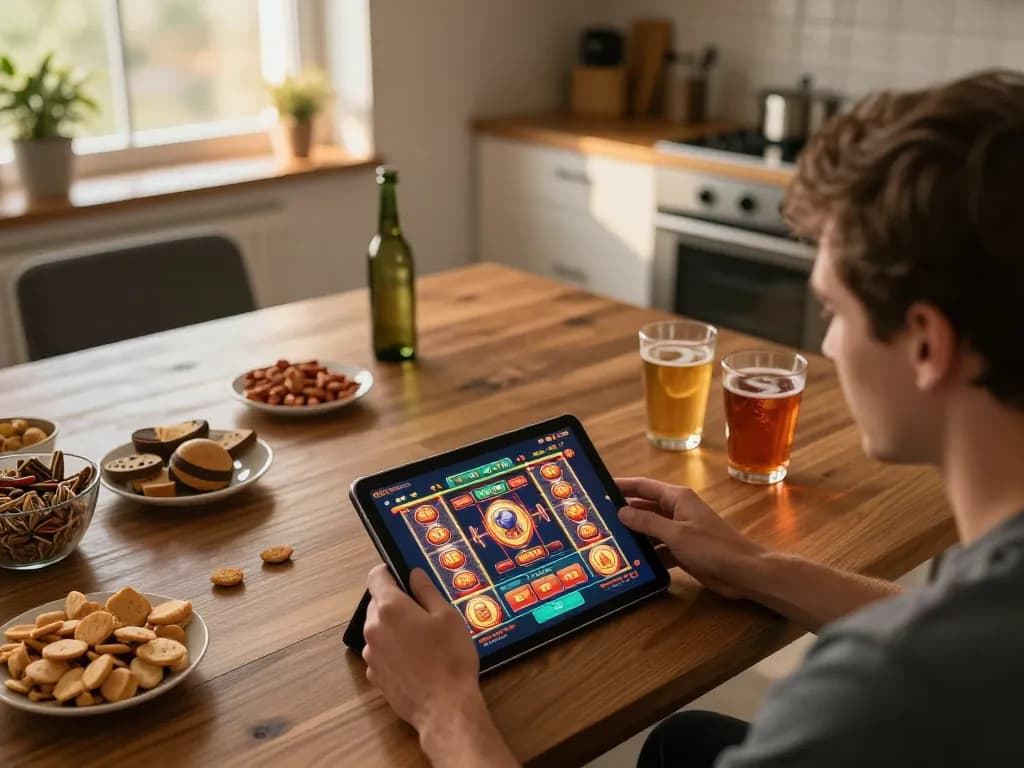 Exploring casino stranieri che accettano italiani on a tablet, engaging gameplay in a warm kitchen