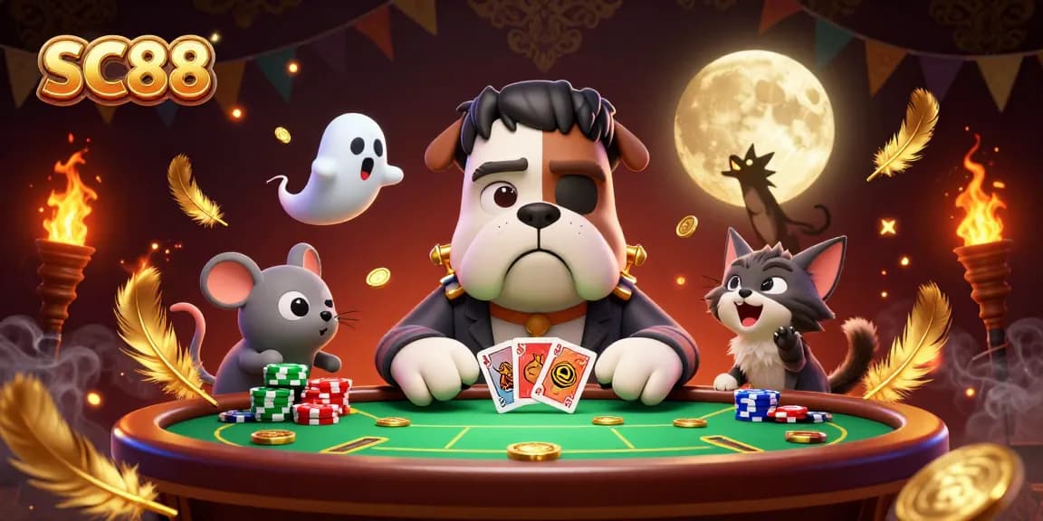 Engage with SC88 through a lively poker night scene featuring whimsical characters and festive ambiance.