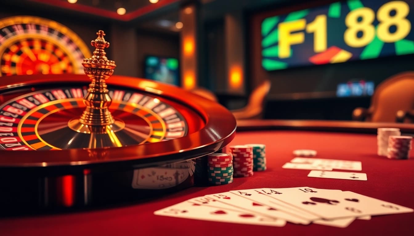 Experience thrilling gameplay at https://f168.sarl/ with high-stakes poker chips and a vibrant roulette wheel.