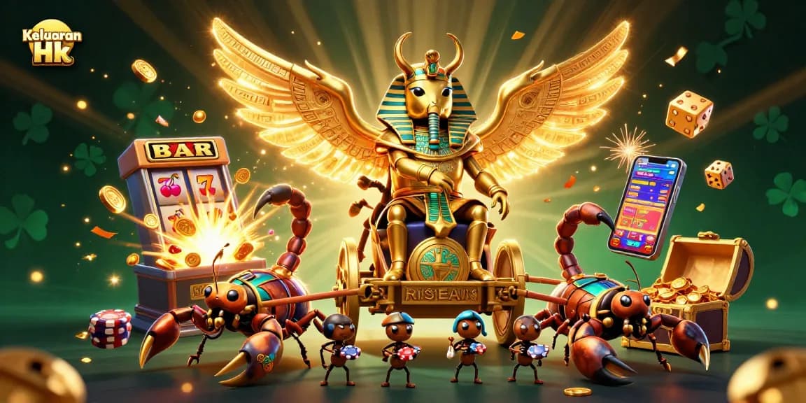 Experience the excitement of Keluaran Hk with a dynamic scene of a golden scarab beetle and slot machine bursting with coins.