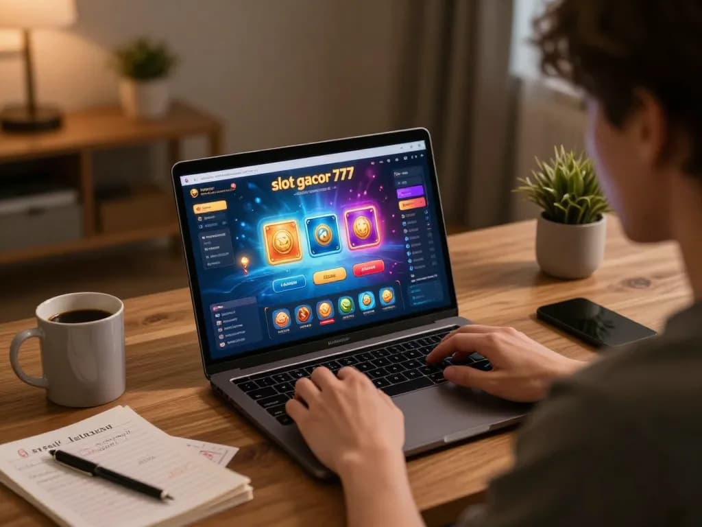 Engaged player exploring slot gacor 777 gameplay on laptop in a cozy home environment