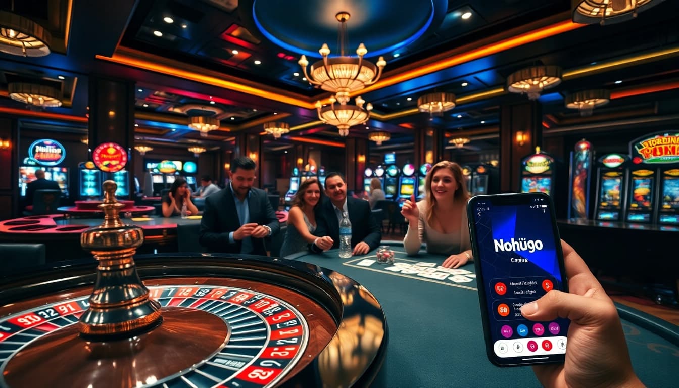 Nohu90 showing excited gamblers at a roulette and poker table in a luxurious casino.