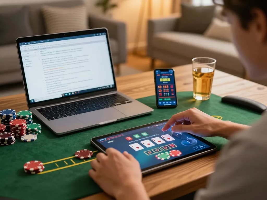 Engaged user playing blackjack on their tablet at home, exploring LLwin center for responsible gaming.