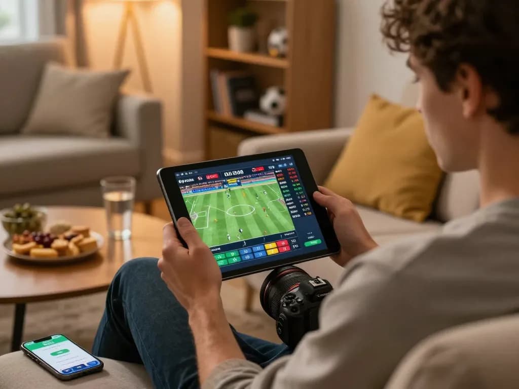Player placing live sports bets using lc888 app on tablet with engaging atmosphere and sports visuals.