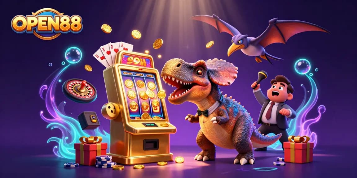 Open88 casino scene with cartoon dinosaur celebrating jackpot coins from a slot machine.
