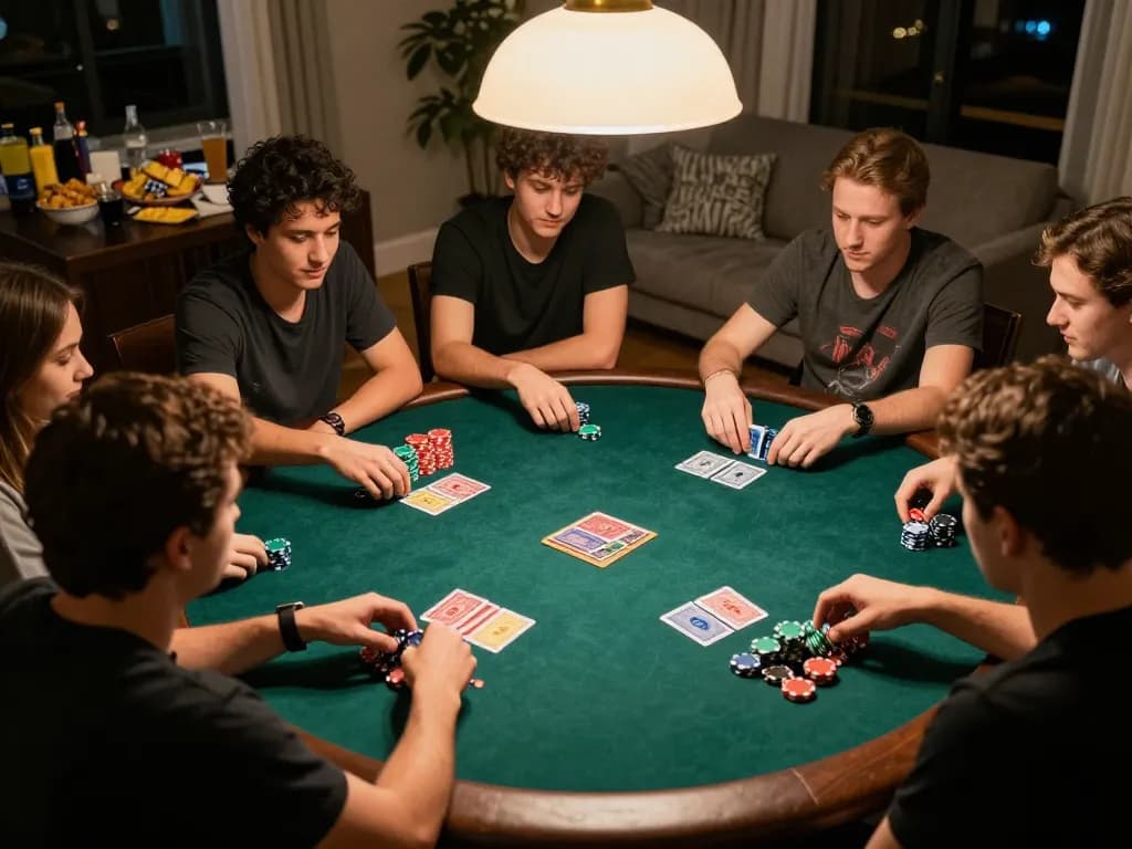 Engaging friends playing poker at home, highlighting สล็อตวอเลท strategy in a cozy atmosphere.