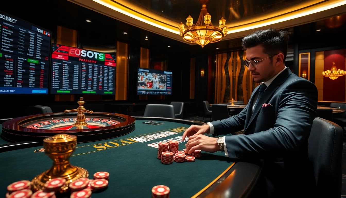 Engaging sbobet link alternatif login visuals featuring a high-stakes poker table with vibrant chips and cards.