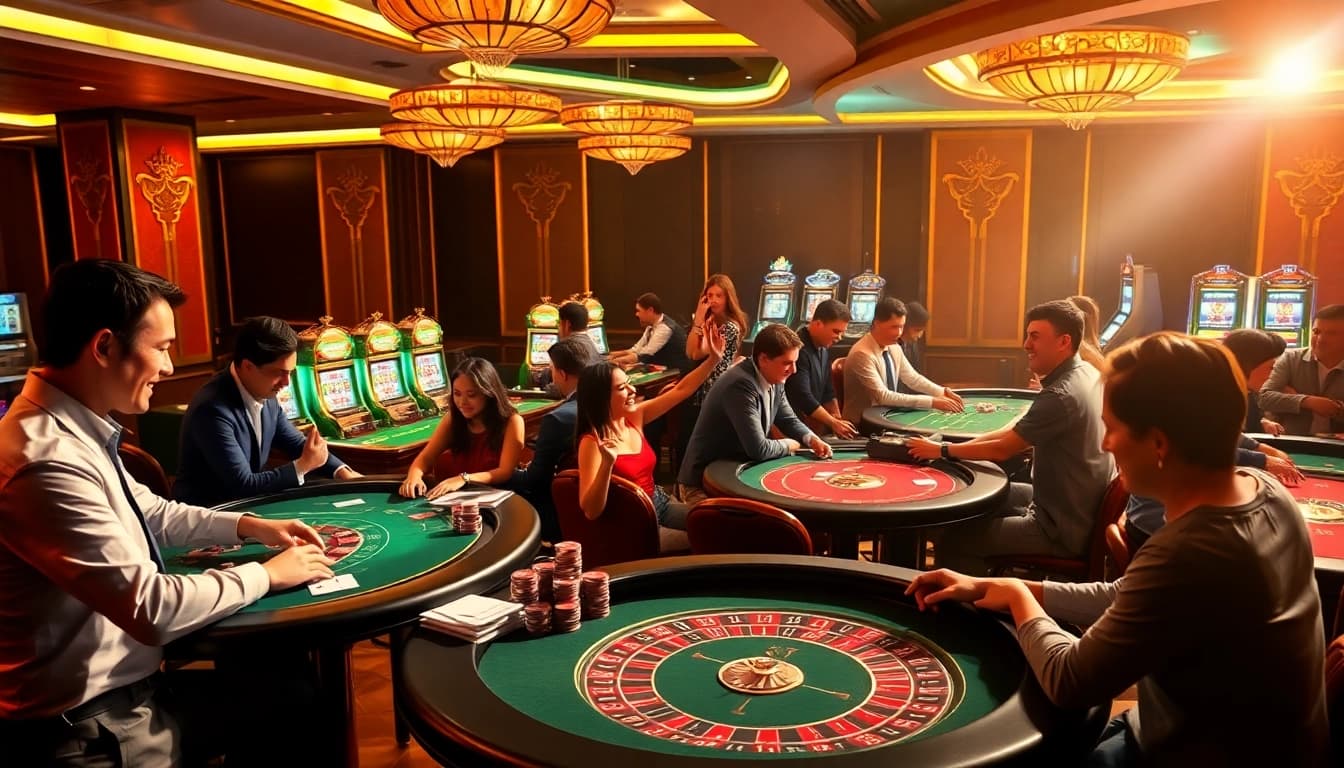 Exciting 33win casino scene with players celebrating wins at gambling tables.