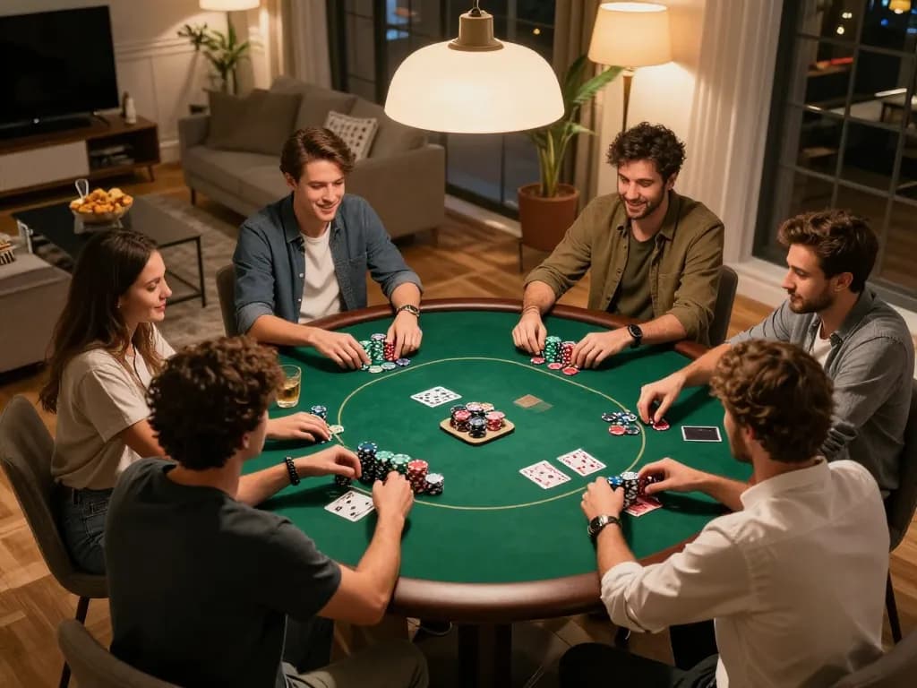 Friends enjoy a lively poker night at home, strategizing gameplay with p789bet.