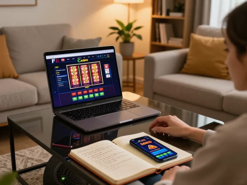 Engagierter Spieler zu Hause, der f1casino-eu auf einem Laptop nutzt, während er Online-Slots und Strategien erkundet.