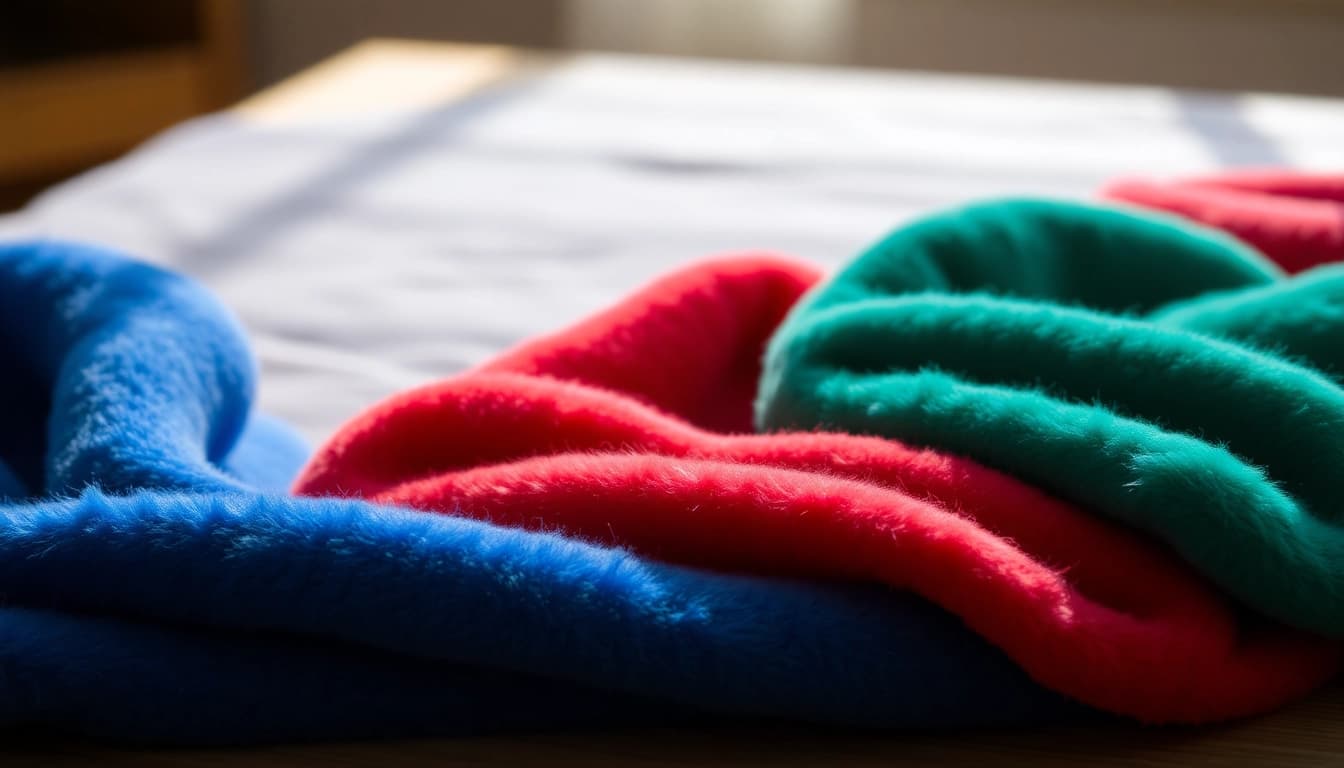 Fleece stoffen in verschillende kleuren en structuren, ideaal voor creatieve projecten.
