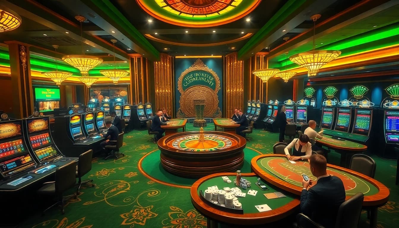 Experience the excitement of gambling at https://vn789.xyz/ with vibrant casino scenes showcasing roulette tables and poker games.
