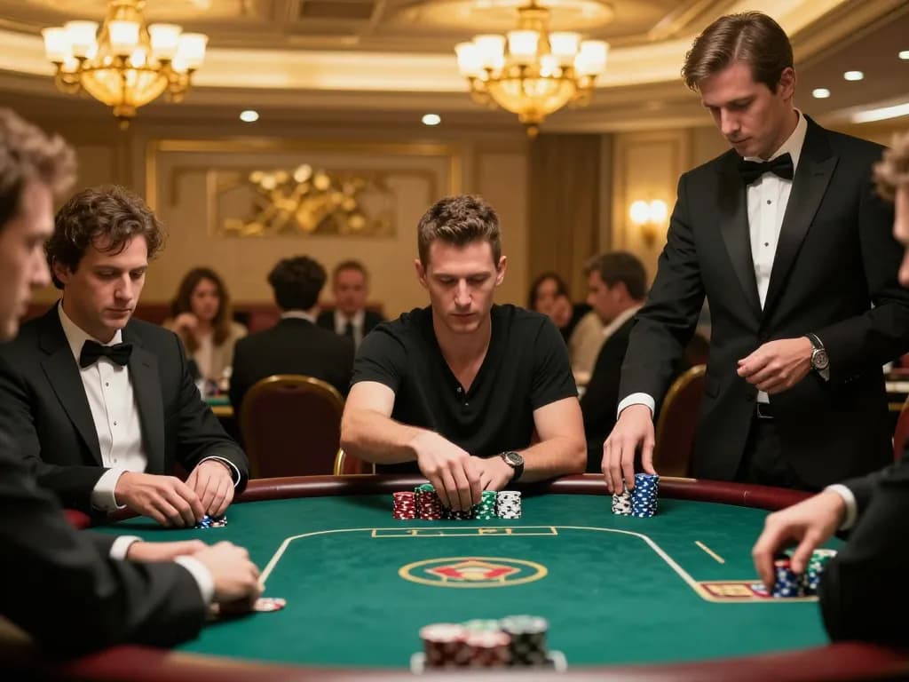 Go8 players evaluating strategies in a tense poker game with elegant casino decor and intense atmosphere.