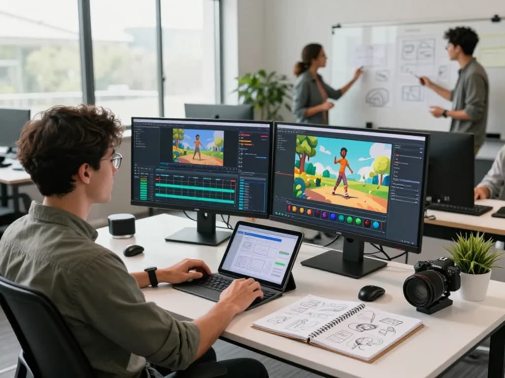 Developer showcasing motion control technology for seamless animation creation with dual monitors in a bright workspace.