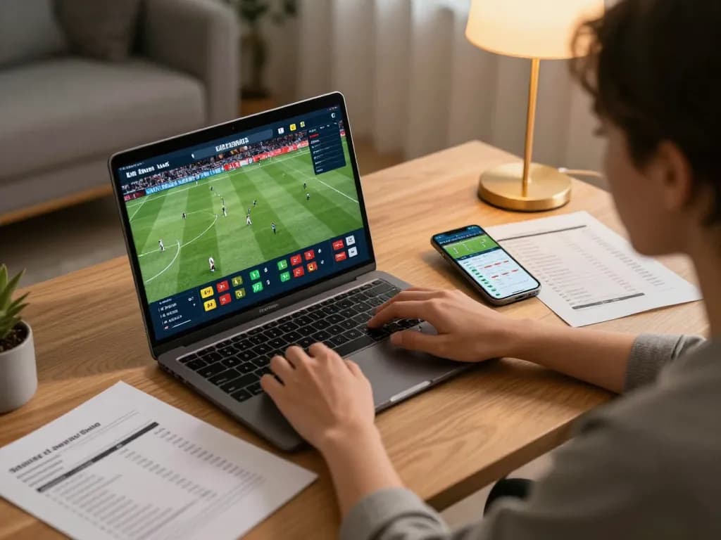 Betting on live football matches using 7m-7m online platform in a cozy home setting.