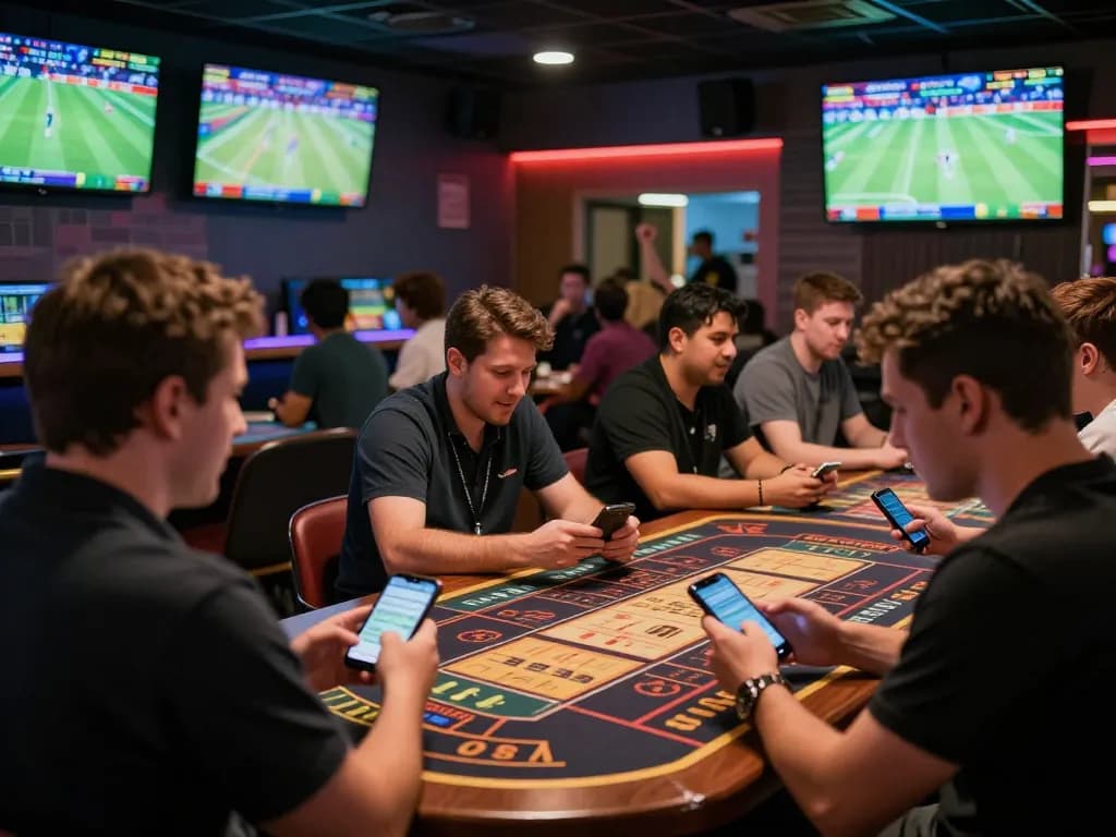 Excited bettors engaging with sin88 sports betting, analyzing odds and placing bets in a vibrant lounge atmosphere.