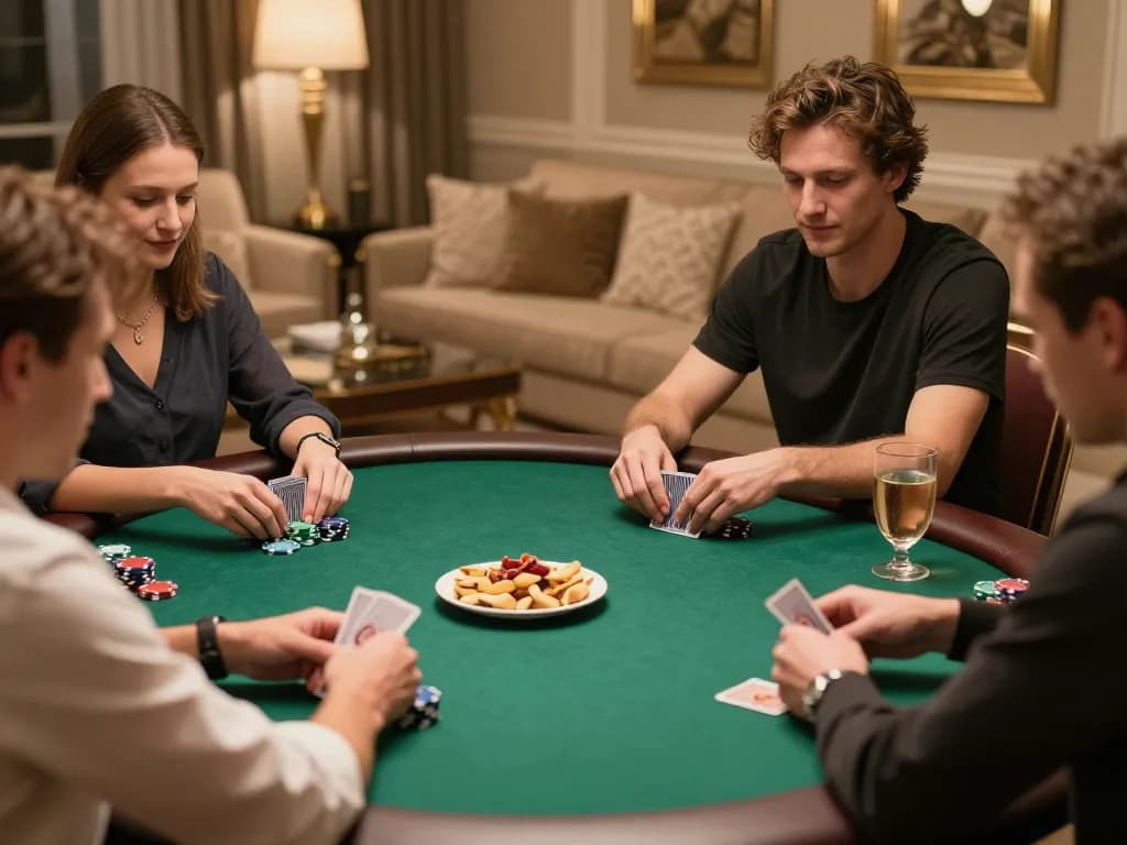 Pemain terlibat menikmati permainan idn poker yang menarik di sekitar meja kain hijau dalam suasana rumah yang nyaman.