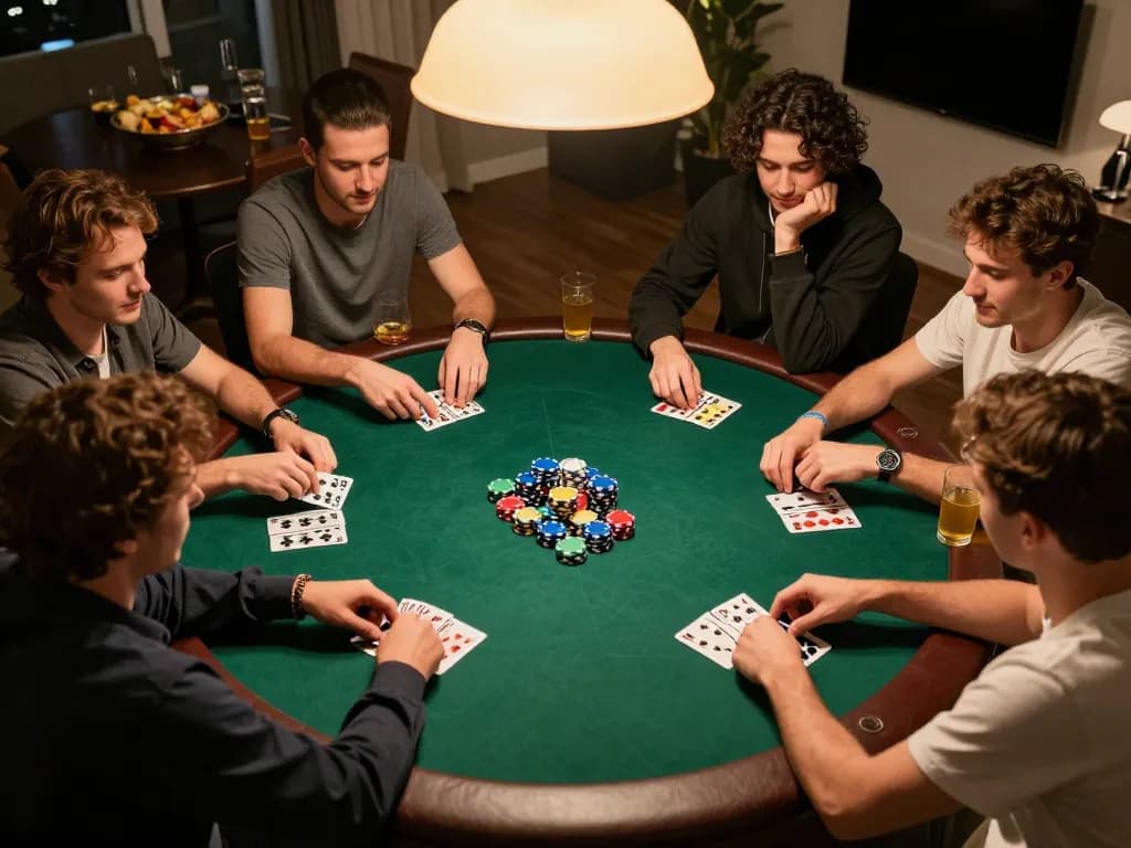 Pemain SBOBET88 berpartisipasi dalam malam poker di rumah yang mendebarkan, menampilkan chip dan kartu berwarna-warni dikelilingi oleh teman-teman.