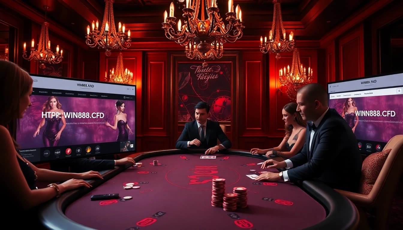 Gambling excitement at https://win88.cfd/ with a luxurious poker table and thrilling players.