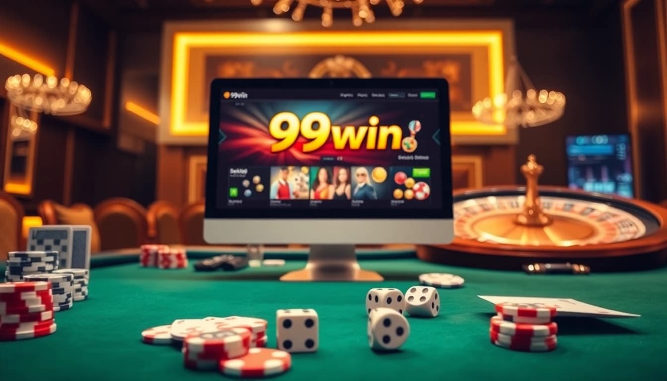 Experience the thrill of gambling at 99win with a modern casino setup showcasing diverse games and excitement.