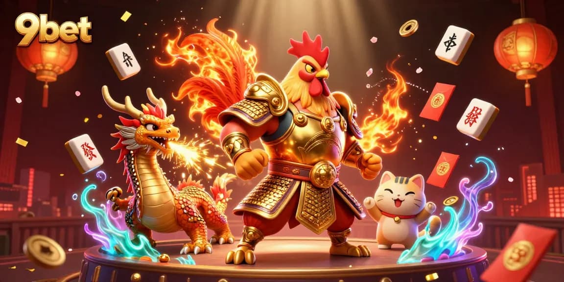 Engage with 9bet's exciting gambling scene featuring dynamic characters and festive elements.