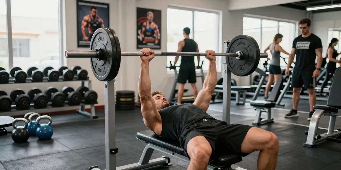 Starker Sportler hebt Gewichte in einem hellen Fitnessstudio und verkörpert die Prinzipien des Krafttrainings von Steroidshop.
