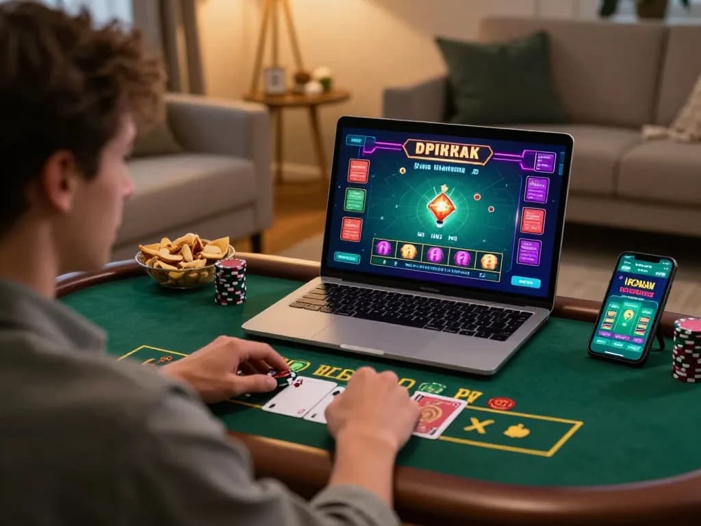 Engaging with TR88 platform for live dealer blackjack in a cozy home environment, showcasing strategic gameplay.