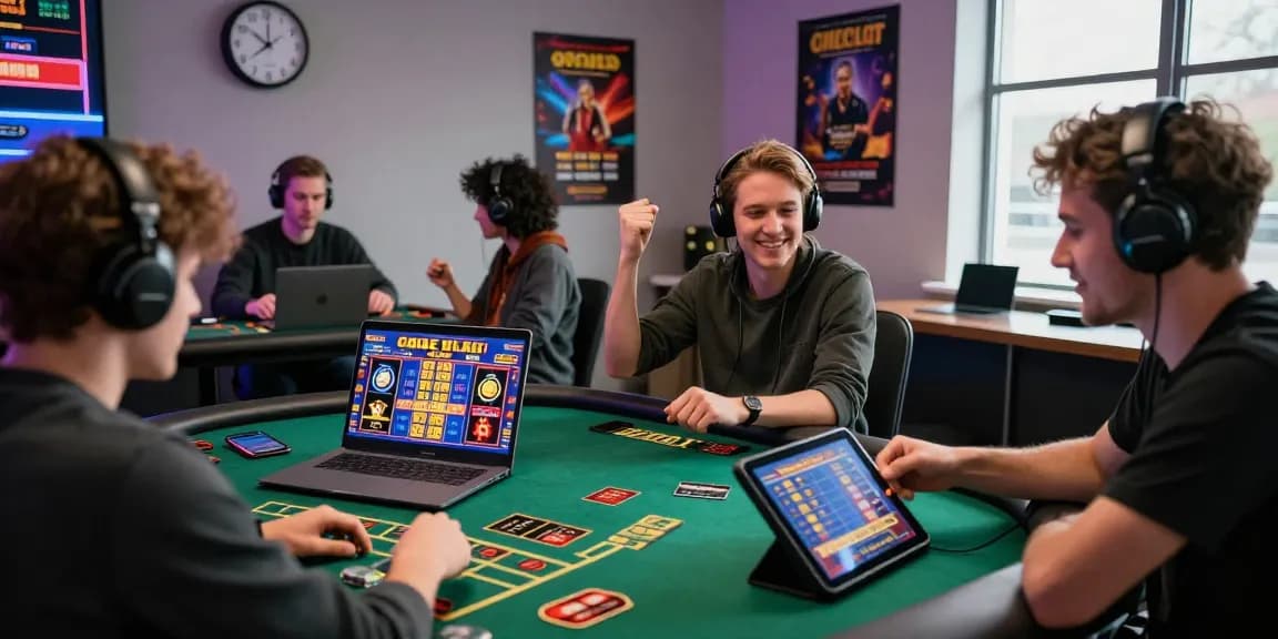 Engaged players enjoying credit card online casinos in a lively gaming environment with laptops and tablets