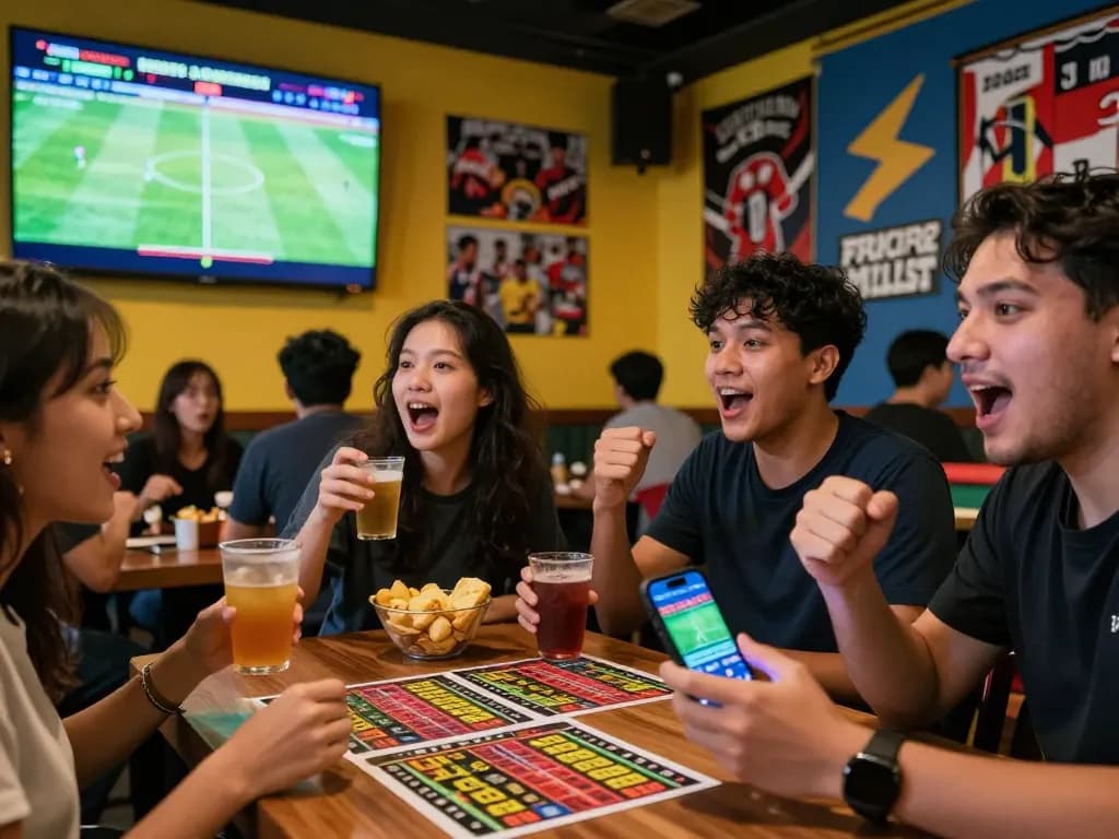 Exciting judi bola betting scene in a vibrant sports bar during a match, friends cheering with drinks and snacks.