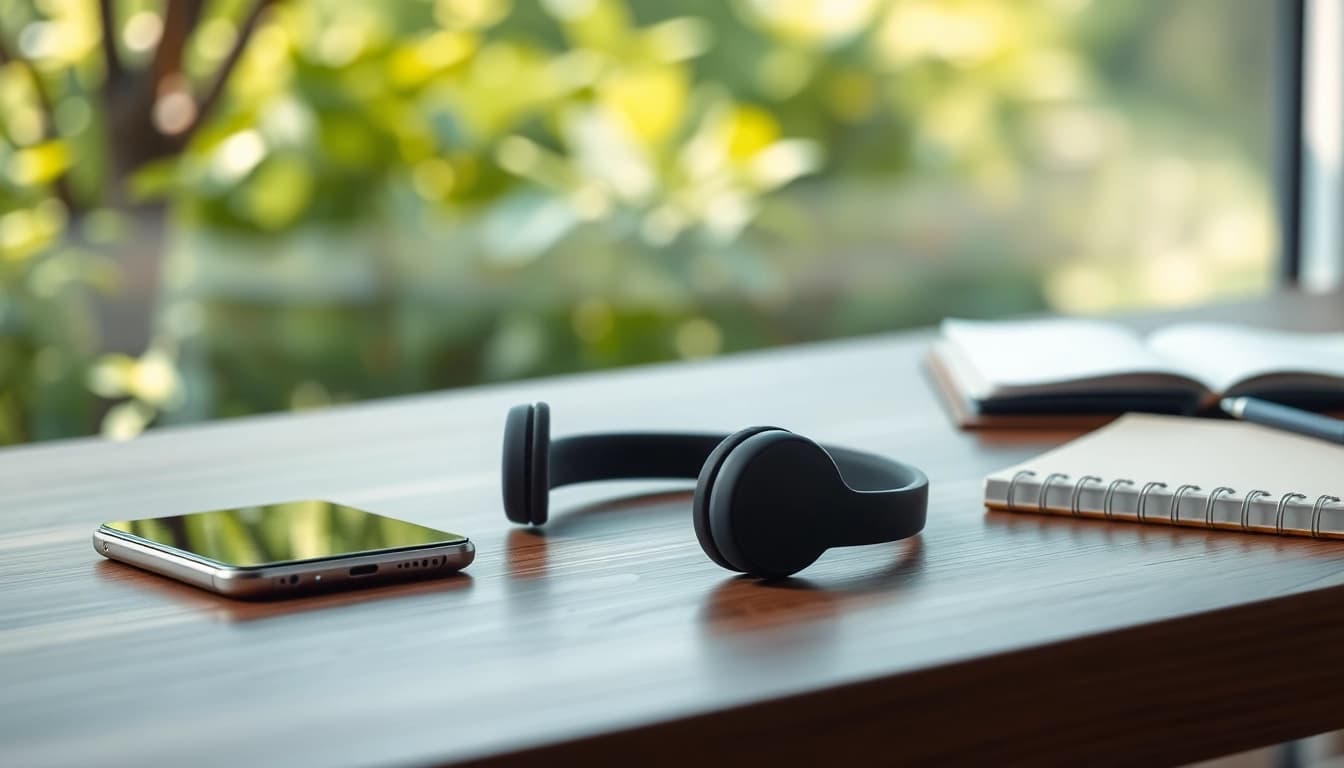 Showcasing Bone X1 Bone Conduction Headphones on a stylish desk, highlighting their ergonomic design.