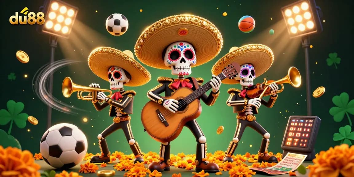Engaging 3D illustration of du88 featuring a mariachi band and sports elements in a vibrant casino scene.