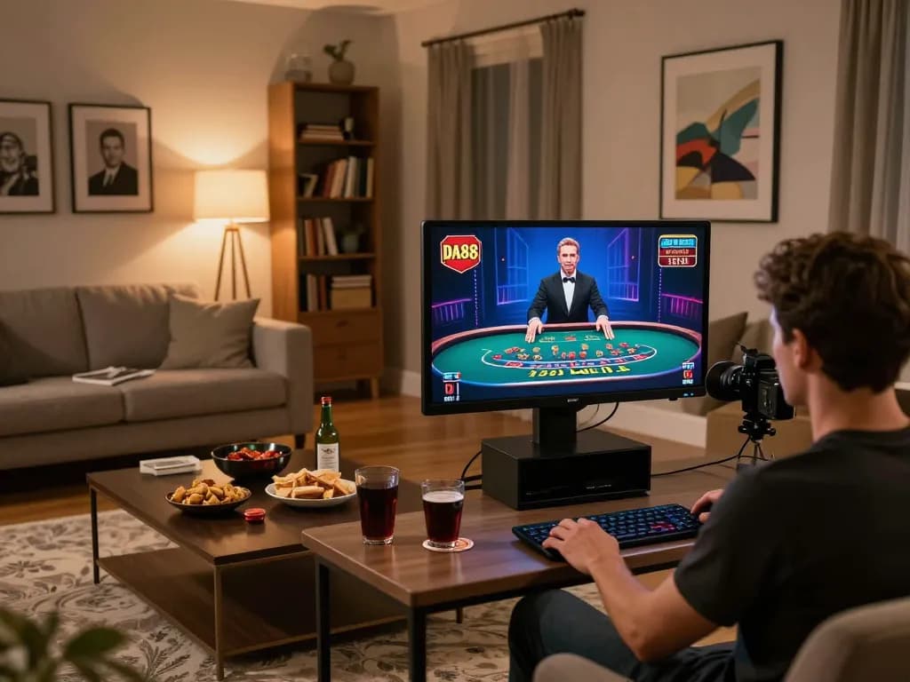 Player engaging with DA88 online casino game from cozy home setup, showcasing responsibility and entertainment