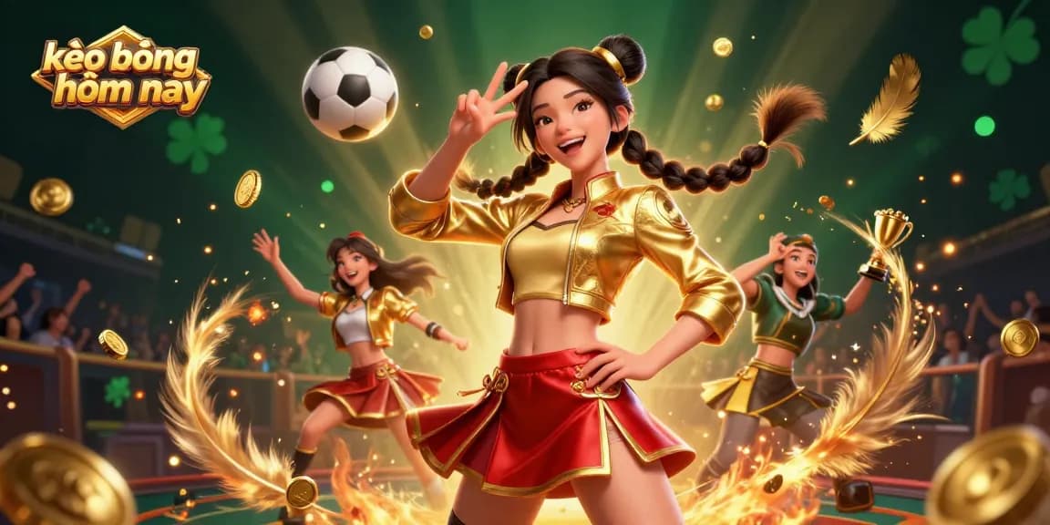 Experience vibrant kèo bóng đá hôm nay with our action-packed sports betting illustration featuring a joyful Asian woman.