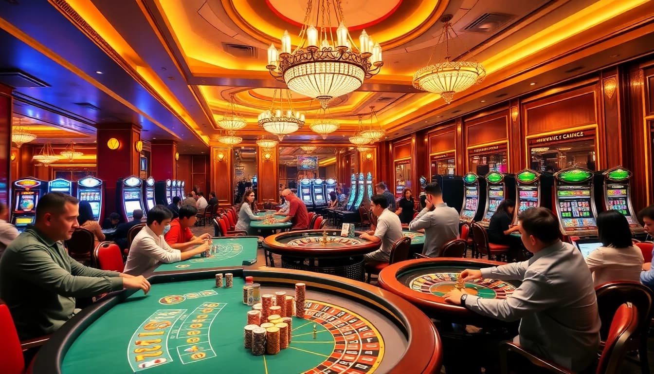 Players enjoying games at 23win casino with vibrant poker chips and slot machines.