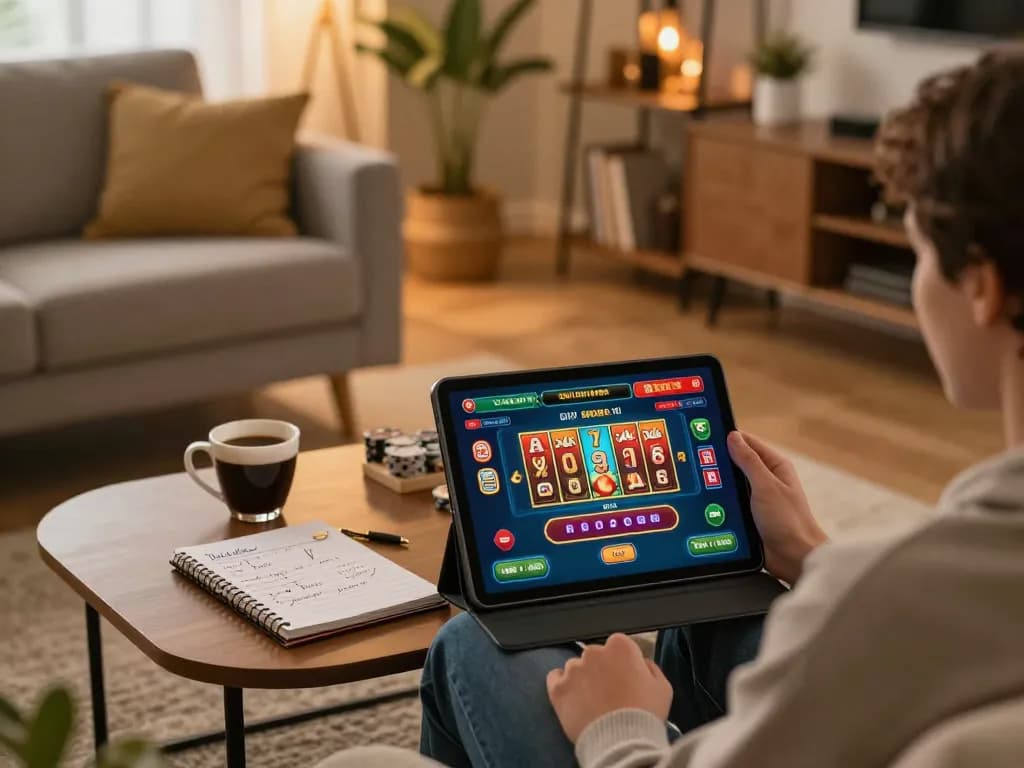 Engaging in online casino gameplay at home with nhà cái go8 on a tablet amid a cozy living space.