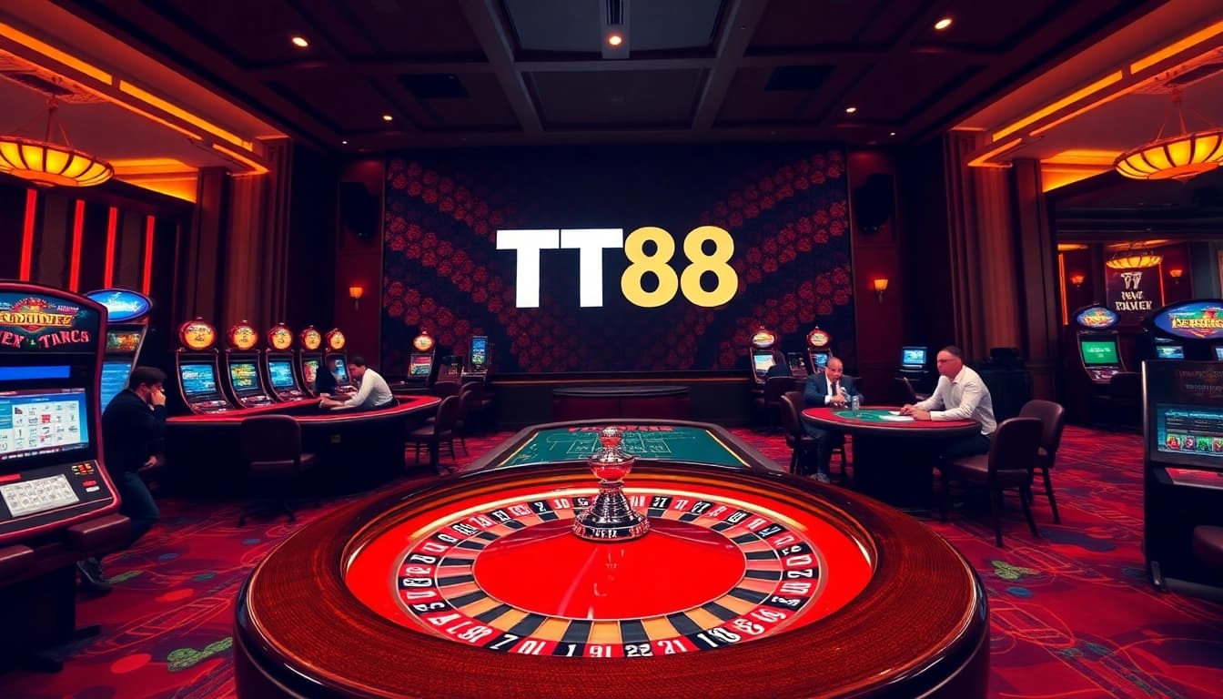 Engage in thrilling play at TT88's vibrant casino, featuring poker tables and roulette wheels.