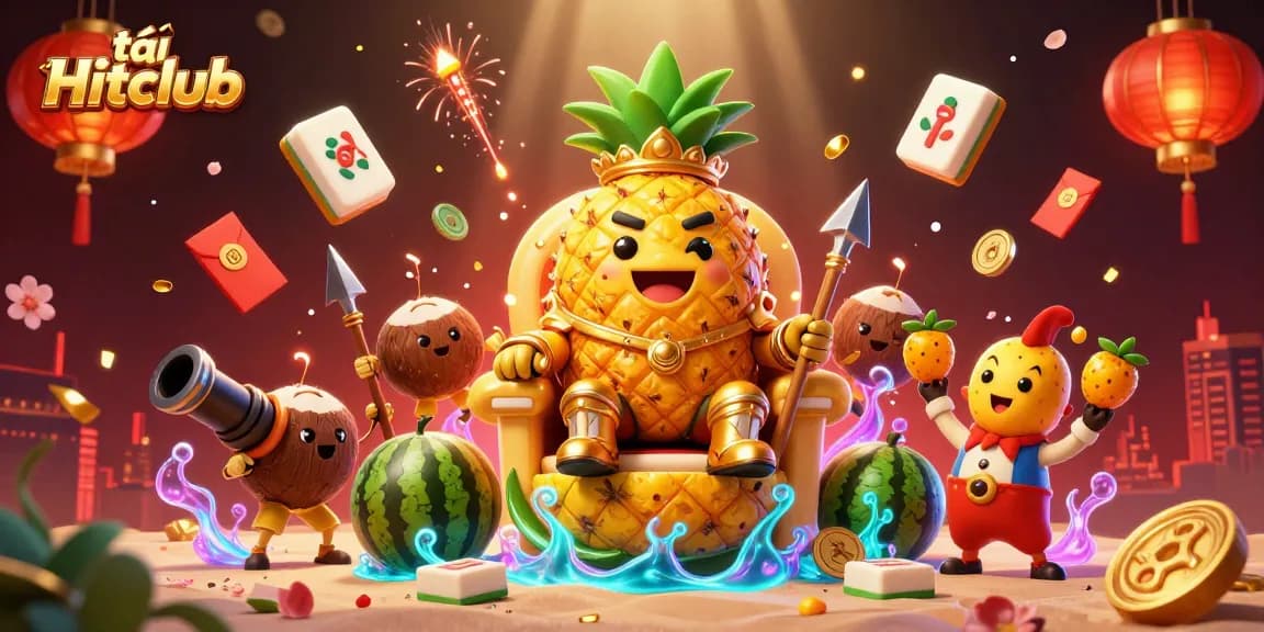 Engage with the vibrant scene of tải Hitclub featuring a pineapple king amidst a lively casino beach.