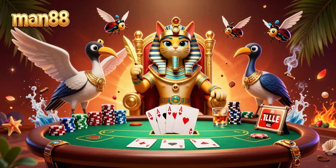 Experience man88 at an energetic poker table with Egyptian-inspired characters and elements.