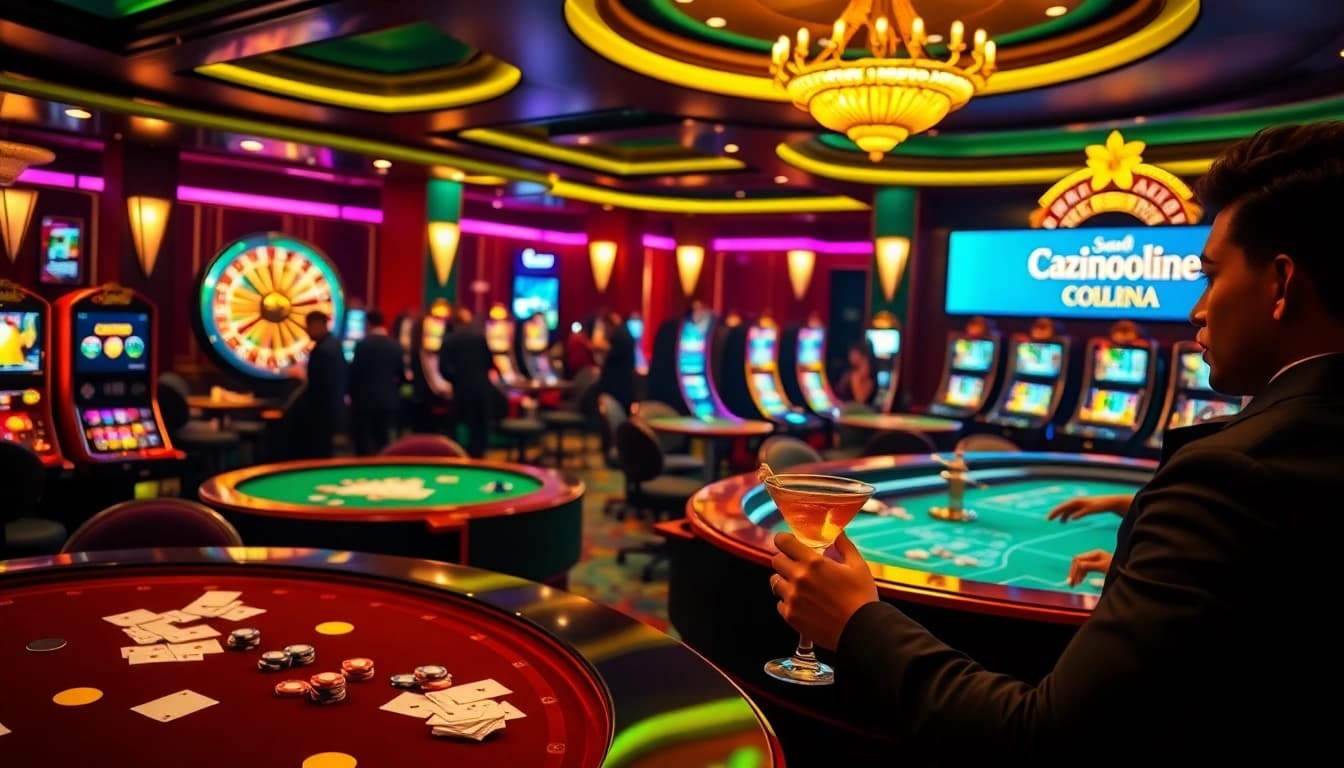 Cazinouri online Germania cu mese de casino vibrante, automate de joc și o roată de ruletă.