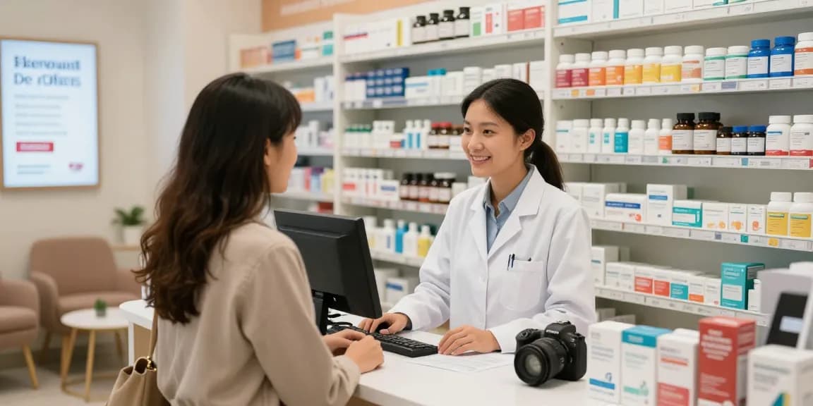 Kunde sucht Rat im Medi Pharma Shop mit Apotheker in einer gut sortierten Apotheke.