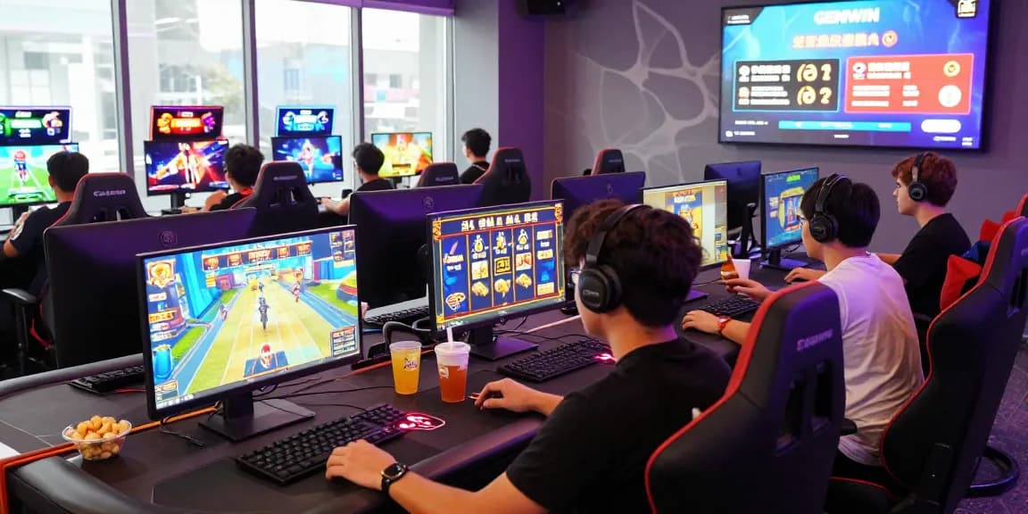Exciting gaming scene at GEMWIN with players enjoying diverse games and vibrant atmosphere